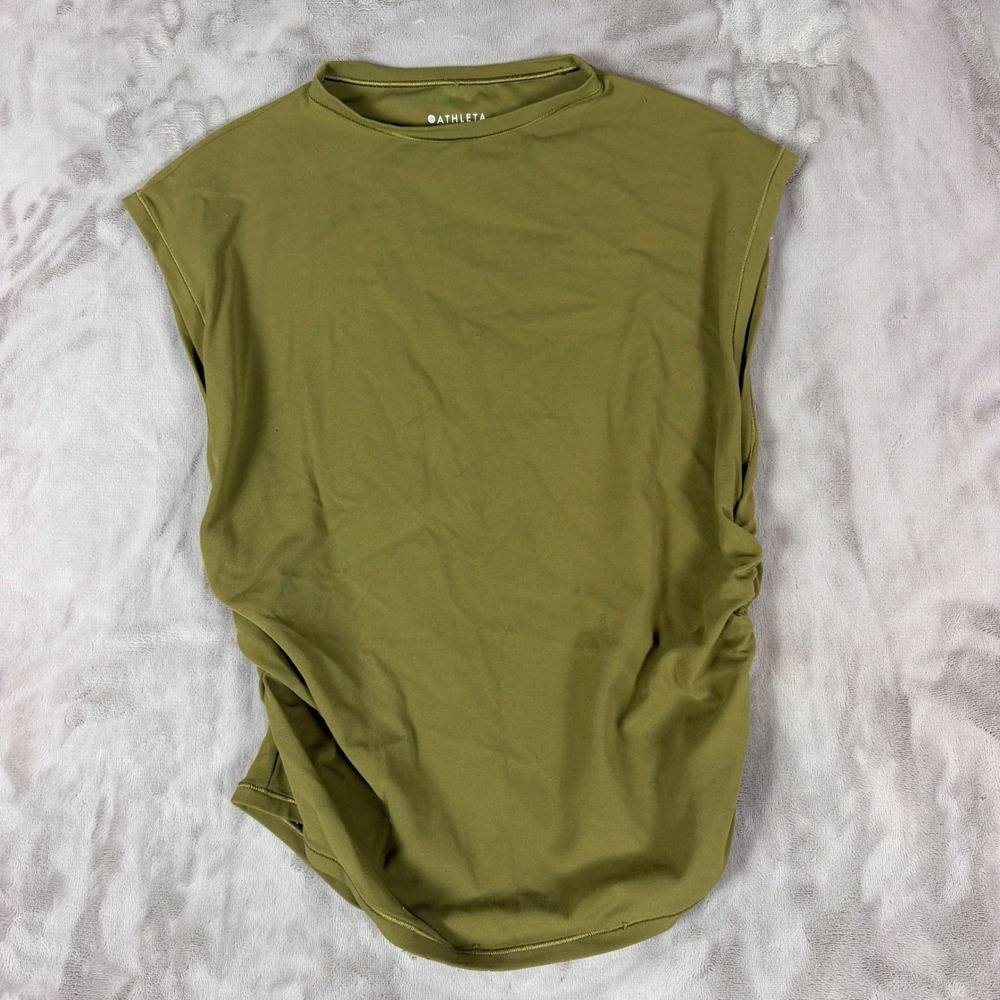 Athleta Womens Olive Green Ruched Side Sleeveless Activewear Top Size M